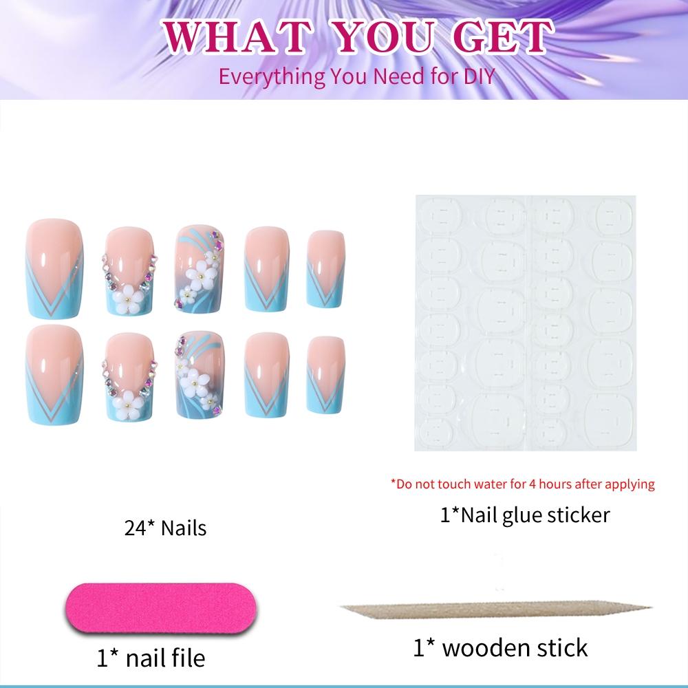 24pcs Medium Square Blue French 3D Gel Nails, Rhinestone Decor, Sweet European Style, Easy Wear Acrylic False Nails Set for Women Girls