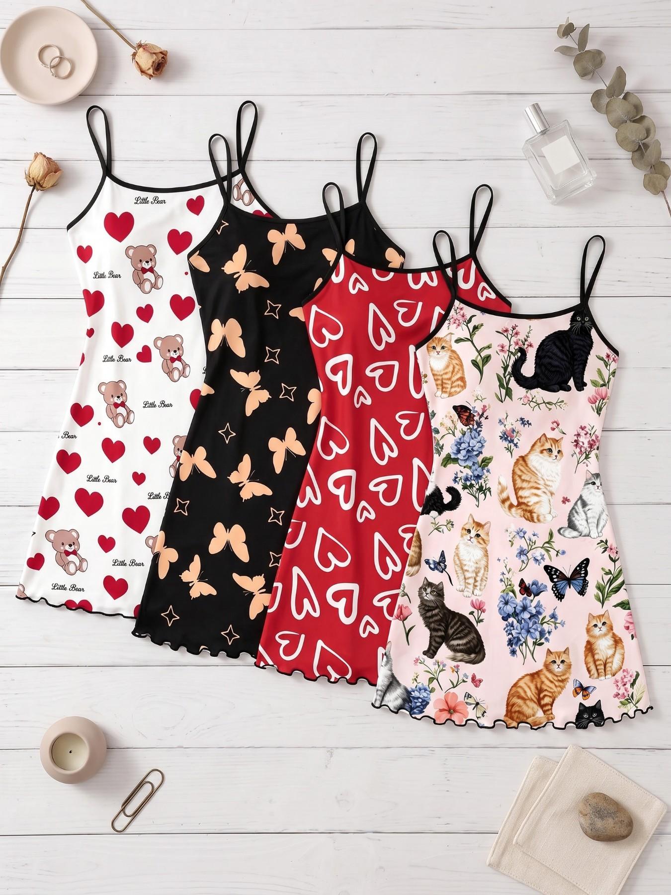 4-Pack Women's Spaghetti Strap Nightdresses, Bear & Bow All-Over Print Nightwear, Cute Loungewear for Spring & Summer