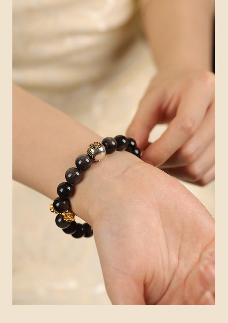 [Wealth Blessing] crystal bracelet, silver obsidian Tibetan silver sand gold, unisex, daily wear gift, 10mm beads natural stone, wealth blessing symbol