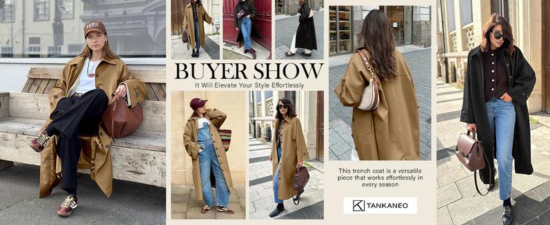 Tankaneo Womens Long Trench Coat Single Breasted Oversized Windproof Classic Lapel Fall Overcoat Jackets Outfit