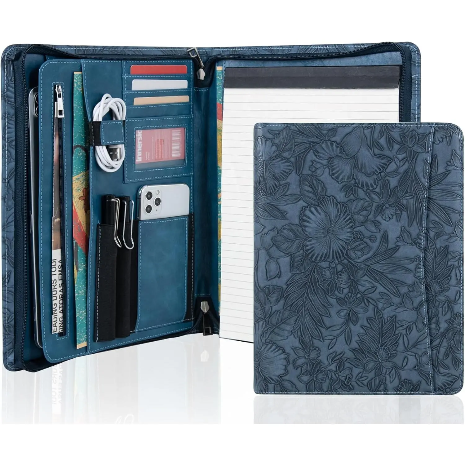 Embossed Leather Padfolio for Women, Professional Business Portfolio Organizer with A4 Notepad Holder, Zippered Portfolio Binder Fits 13" Ipad/Tablet, Perfect Gift for Women