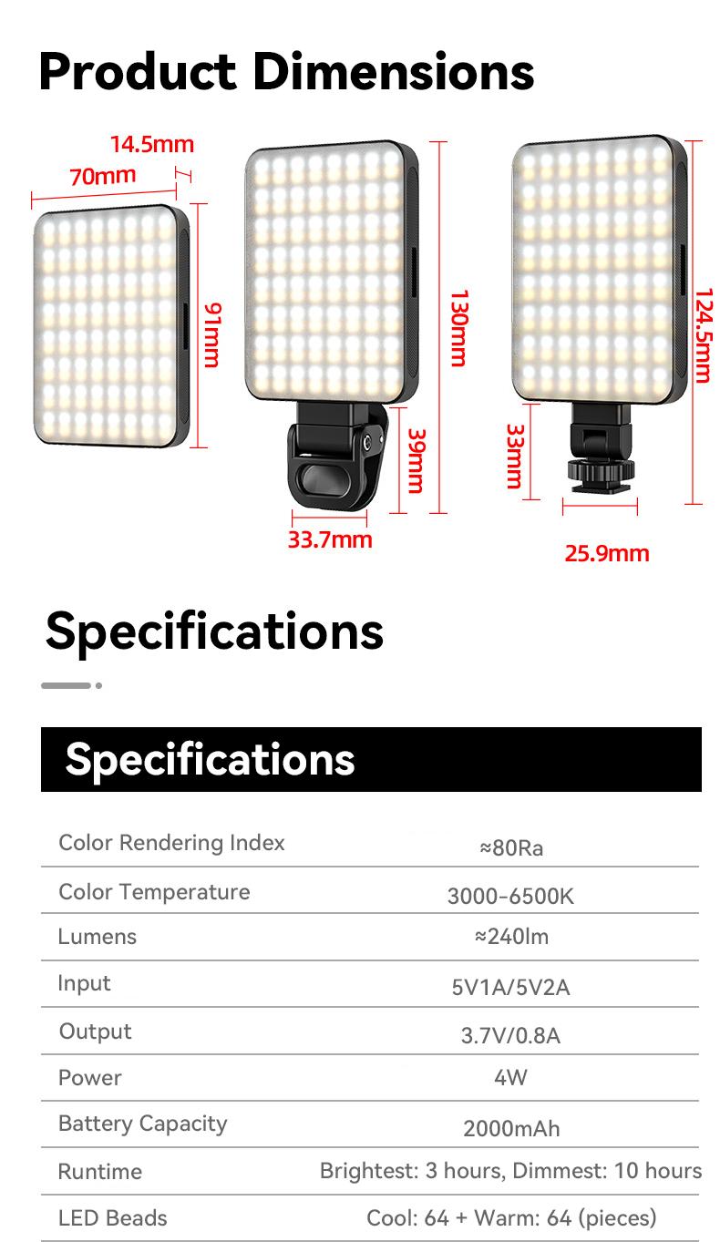 EMEET XJ77 Magnetic Video Light, 3 Color Modes and 10 Brightness Levels, 2000mAh Portable Camera Light 4W Output Power, LED Video Light Panel, 3000-6500K 128 LED Beads for TikTok, Content Creator, Photographer portable light