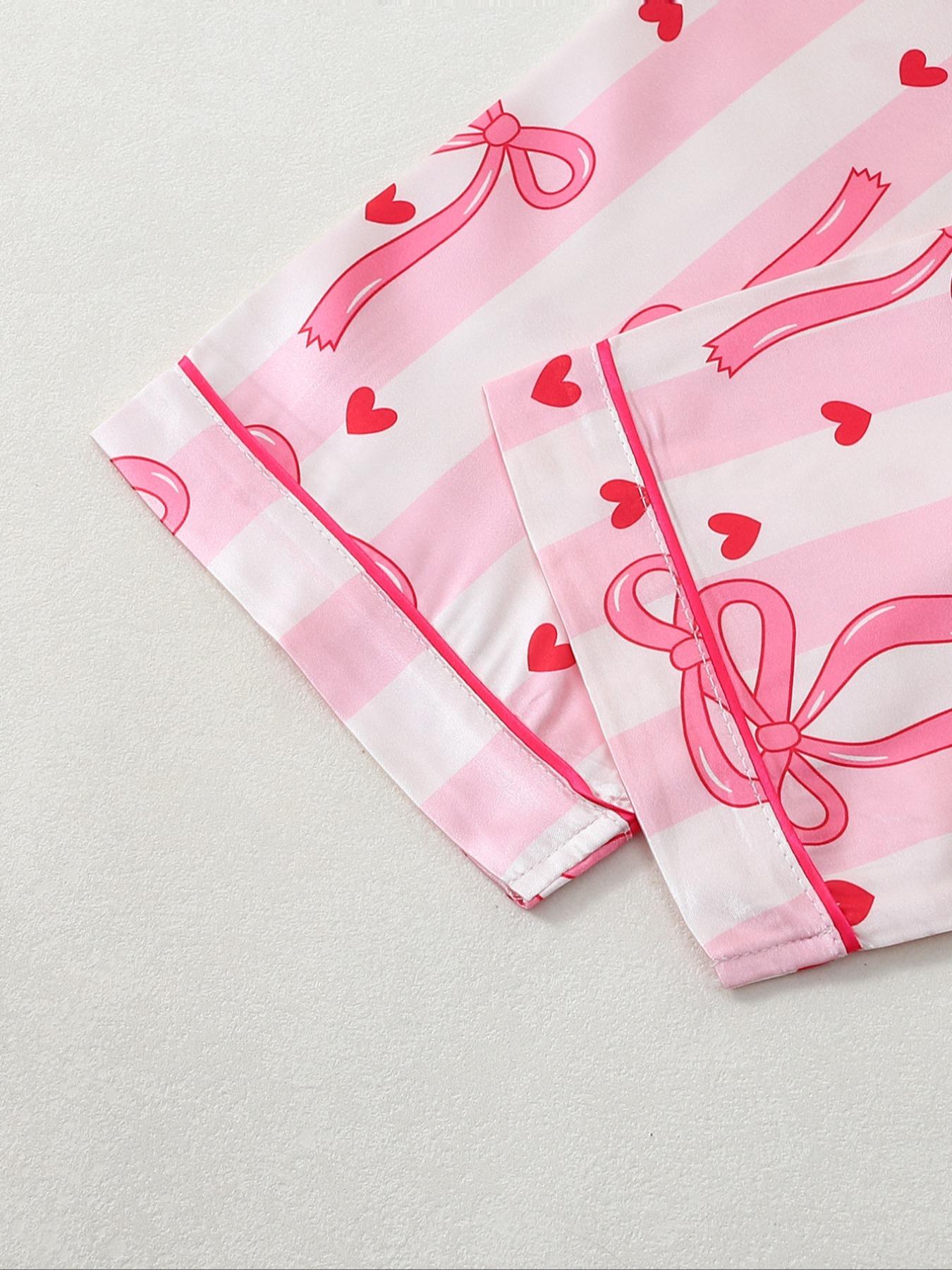 Striped Bow Print Satin Long Sleeve Pajama Set, Comfortable Sleepwear for Women, Stylish Nightwear, Perfect for Relaxing at Home