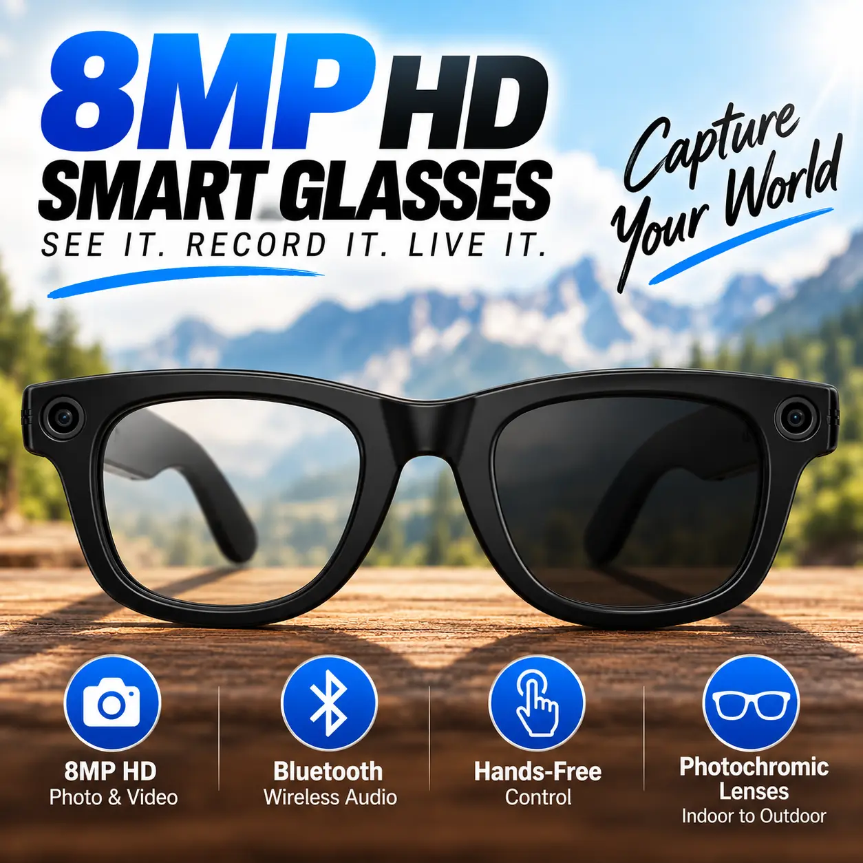 8MP HD Smart Camera Glasses with POV Video Recording, Bluetooth Wireless Audio, Hands-Free Photo Capture and Photochromic Lenses for Vlogging, Cycling, Hiking and Travel