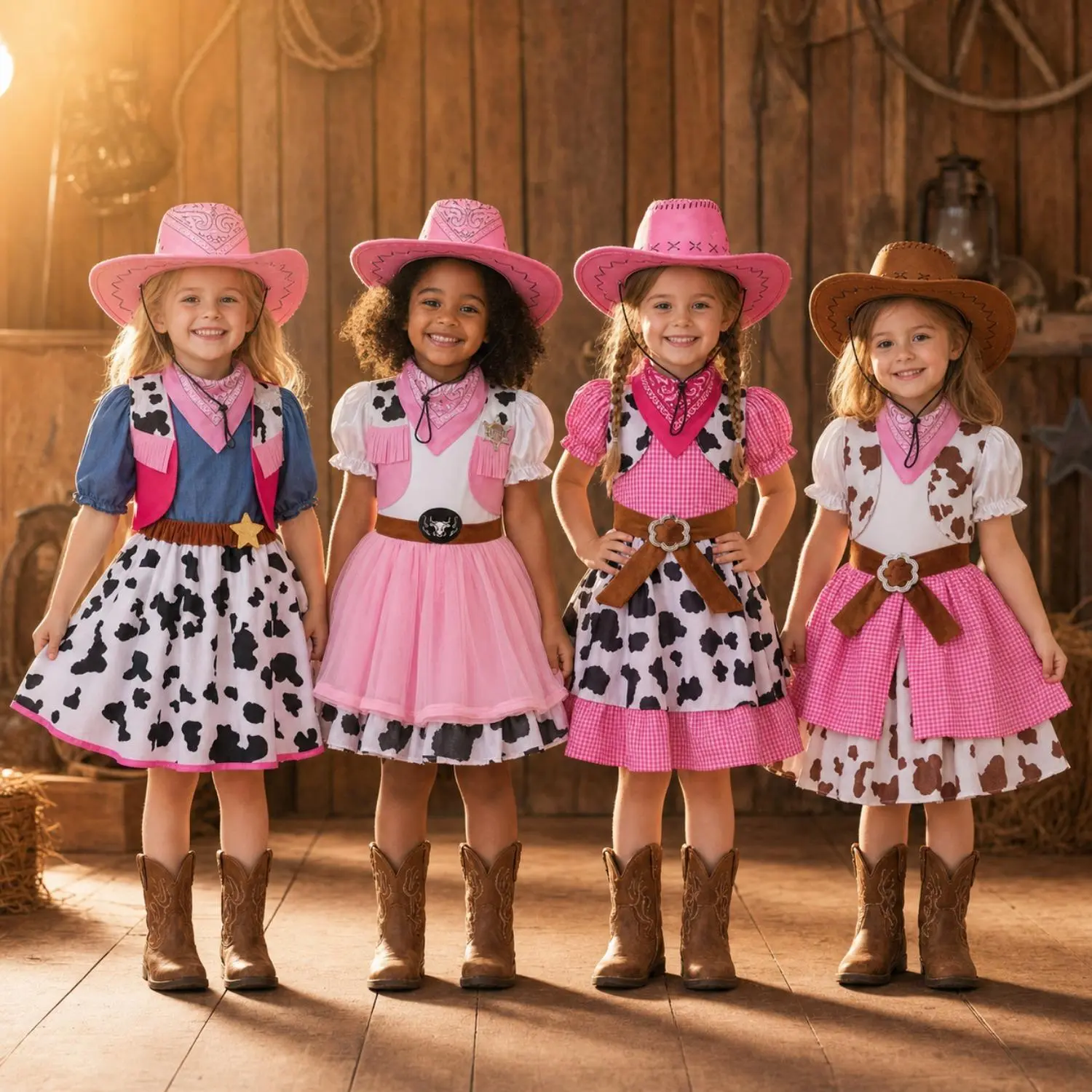 Kids Girls Pink Cowgirl Halloween Costume Complete Western Wild West Outfit, Cow Print Fringe Vest Tutu Skirt Cowboy Hat Bandana, Toddler Halloween Trick or Treat Cosplay Dress Up Suit