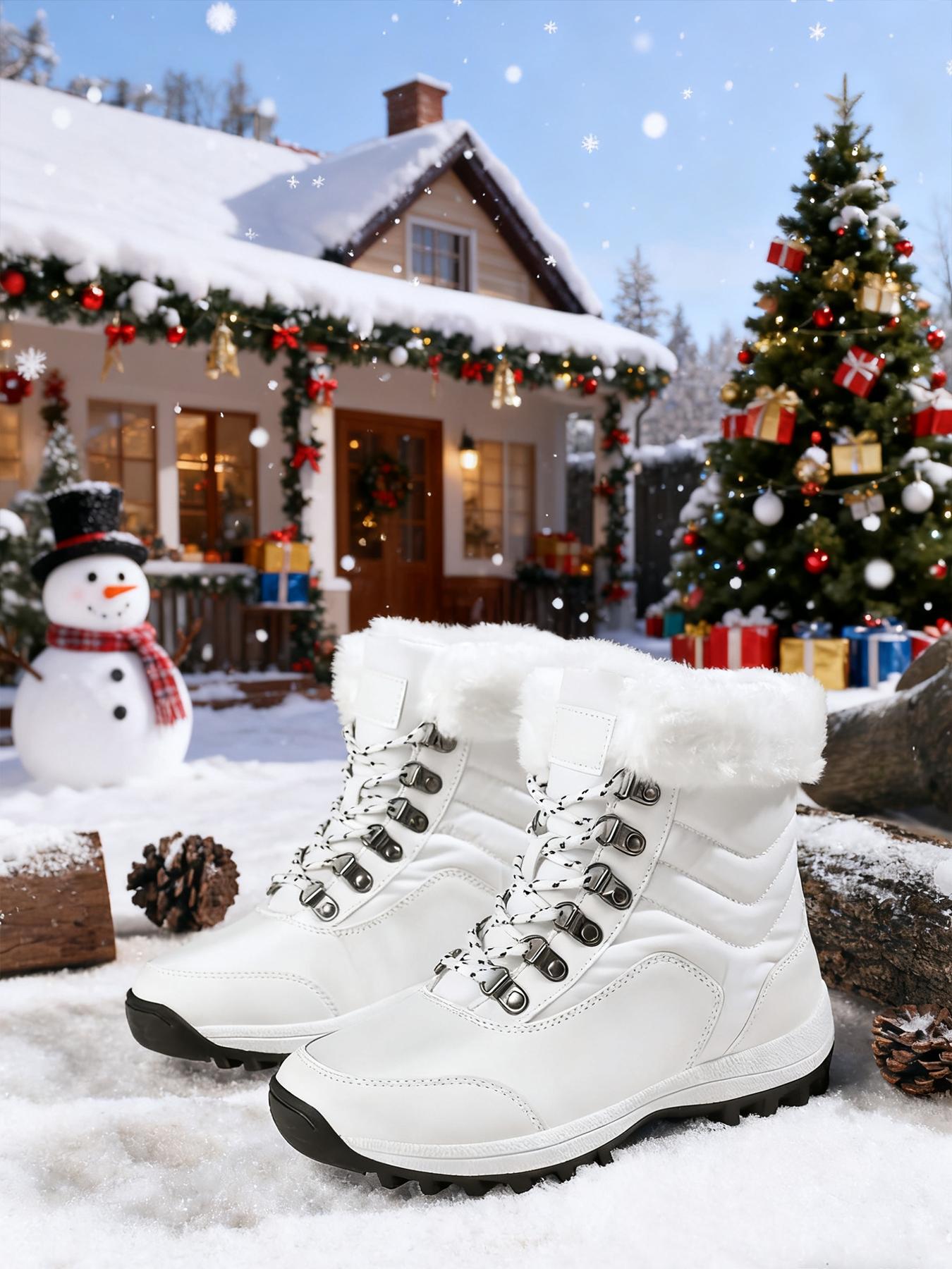 Women's High-Top Lace-Up Hiking Boots, Trekking Shoes, Durable Outdoor Snow Boots with Fleece Lining, Fashionable and Comfortable for Daily Wear and Outdoor Activities, Christmas Gift, Casual Hiking Shoes