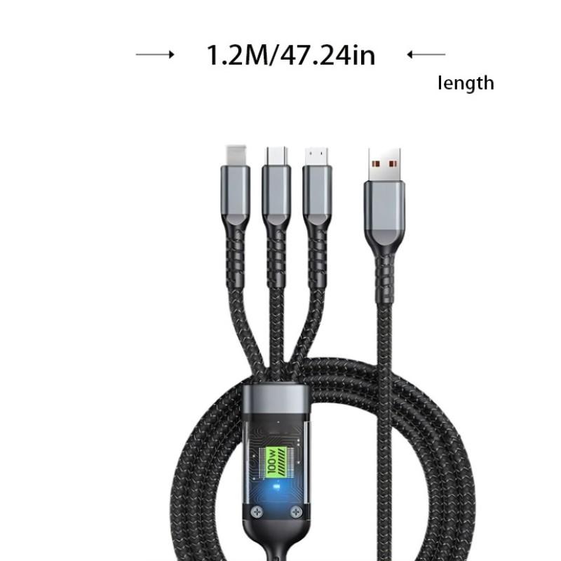 New 100w USB Type-C Super Fast Charging Cable, Compatible with iPhone Samsung Xiaomi Huawei, LED Light, Durable Design, 1.2m Triple Function Charger