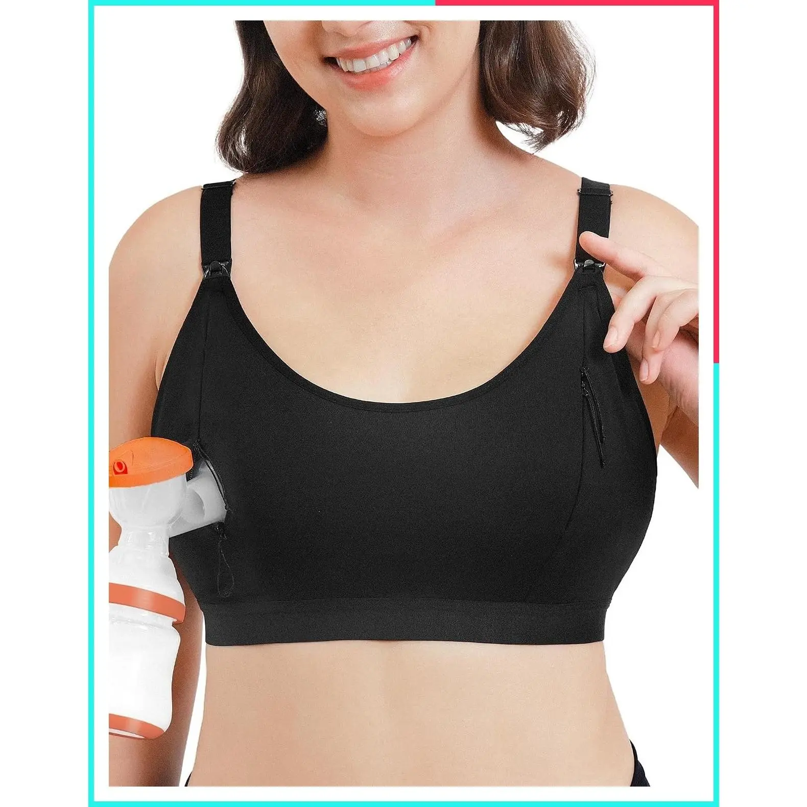 Hands-Free Pumping and Nursing Bra with Dual-Zip Adjustable Non-Stretch Design to Prevent Bottle Drop