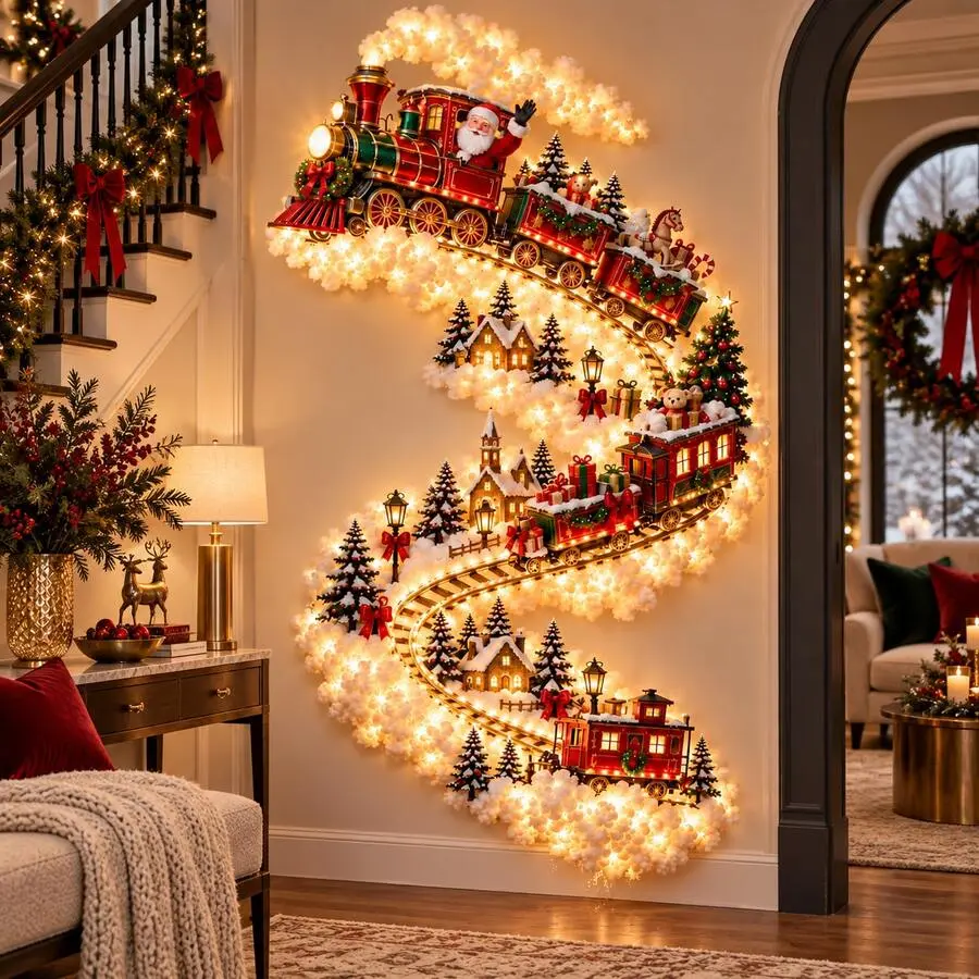 Lighted Santa Christmas Train Acrylic Wall Decor, LED Light Xmas Train Village Scene Wall Hanging Art, Indoor Festive Winter Home Wall Ornament For Living Room, Fireplace Holiday Decoration Mount