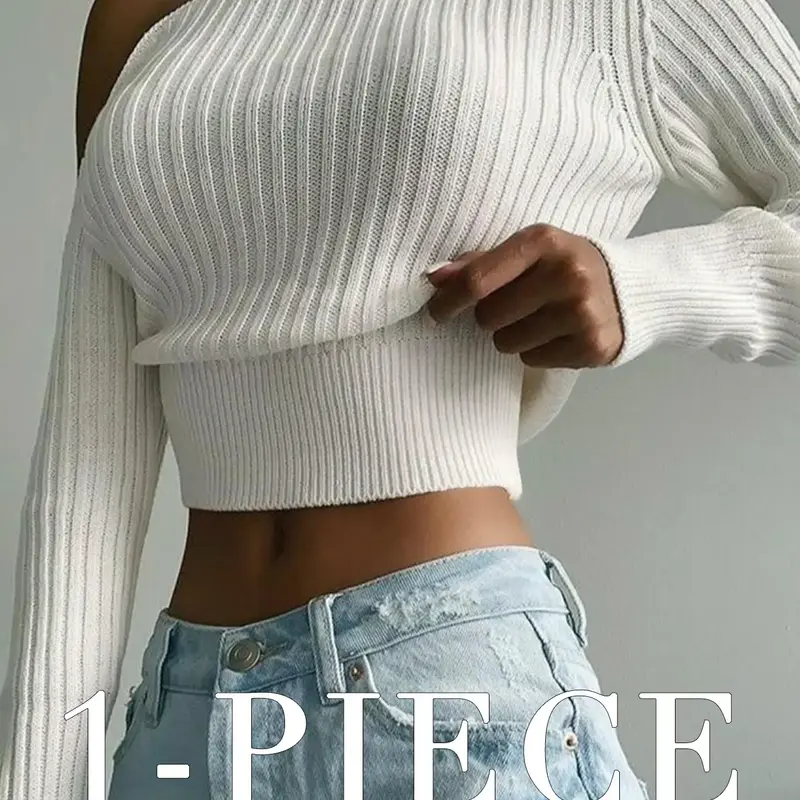 【Black Friday】Women's Solid Color Asymmetrical Neck Fitted Sweater, Casual One Shoulder Long Sleeve Knitted Top, Polyester Fabric, Women's Knitwear for Daily Wear, Womenswear