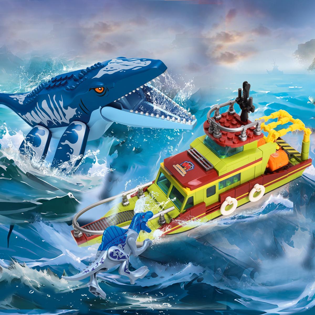 Jurassic Dinosaur Exploration Building Set, Deep Sea Escape, Assemble Mosasaurus Spinosaurus, Animal Shape, Abs Plastic, Toy Gift
