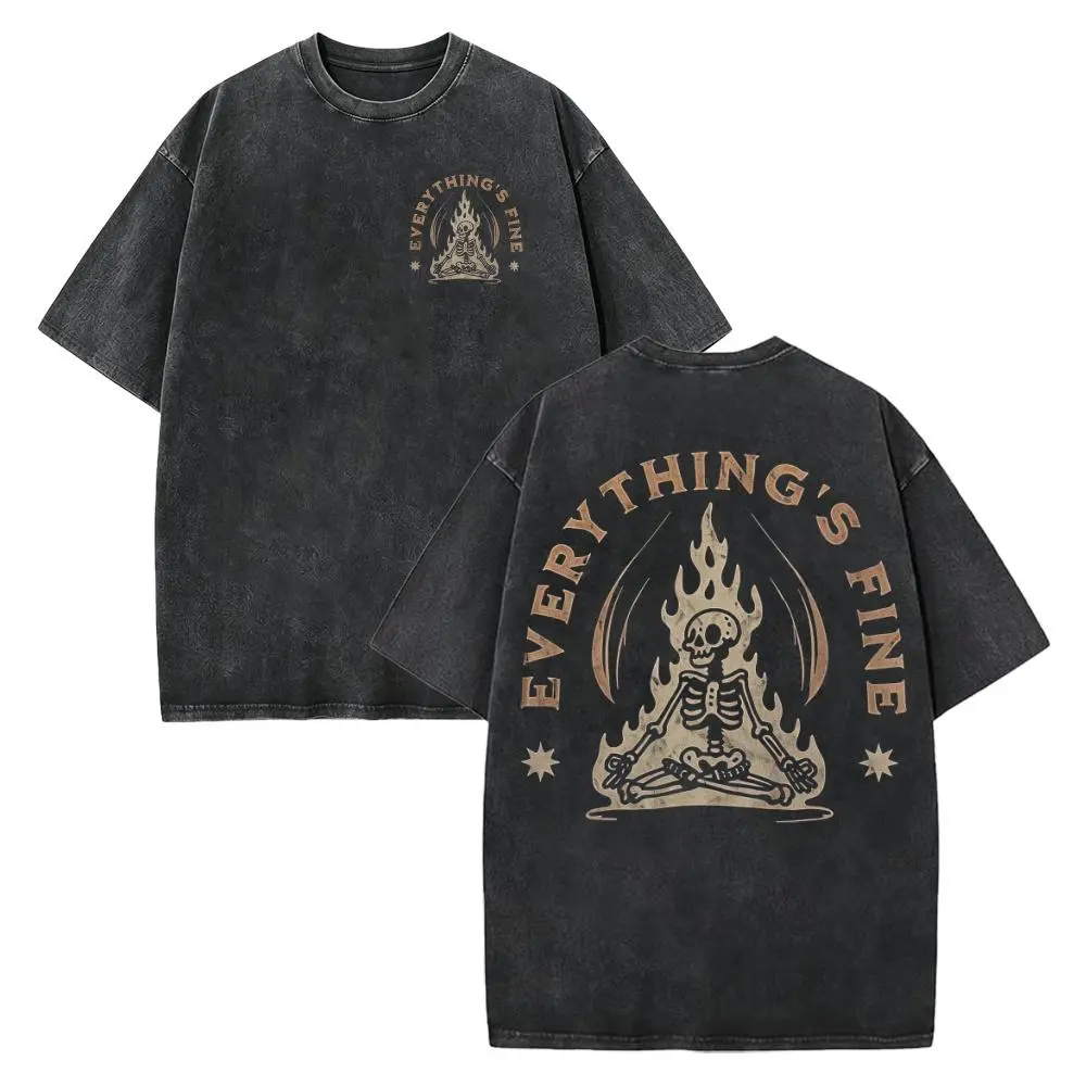 Vintage Distressed Meditating Skeleton T-shirt | Everything's Fine Gothic Casual Graphic Tee