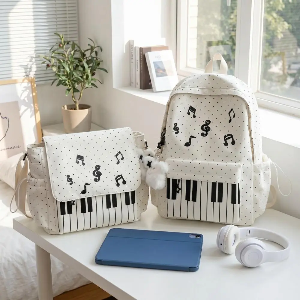 Women's piano-shaped backpack—a cute, polka-dot nylon bag that can be worn as a shoulder bag or backpack. It features an elegant, sweet style with a playful touch, making it perfect for school, commuting, shopping, travel, or as a holiday gift