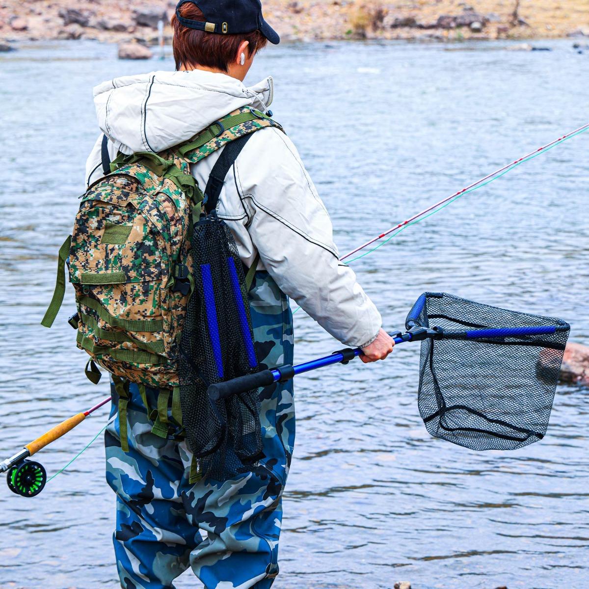 Floating Fishing Net with Rubber-Coated Base for Easy Catching of Steelhead, Salmon, Fly Fish, Catfish, Bass, Trout, Portable Collapsible Stretchable Fish Net