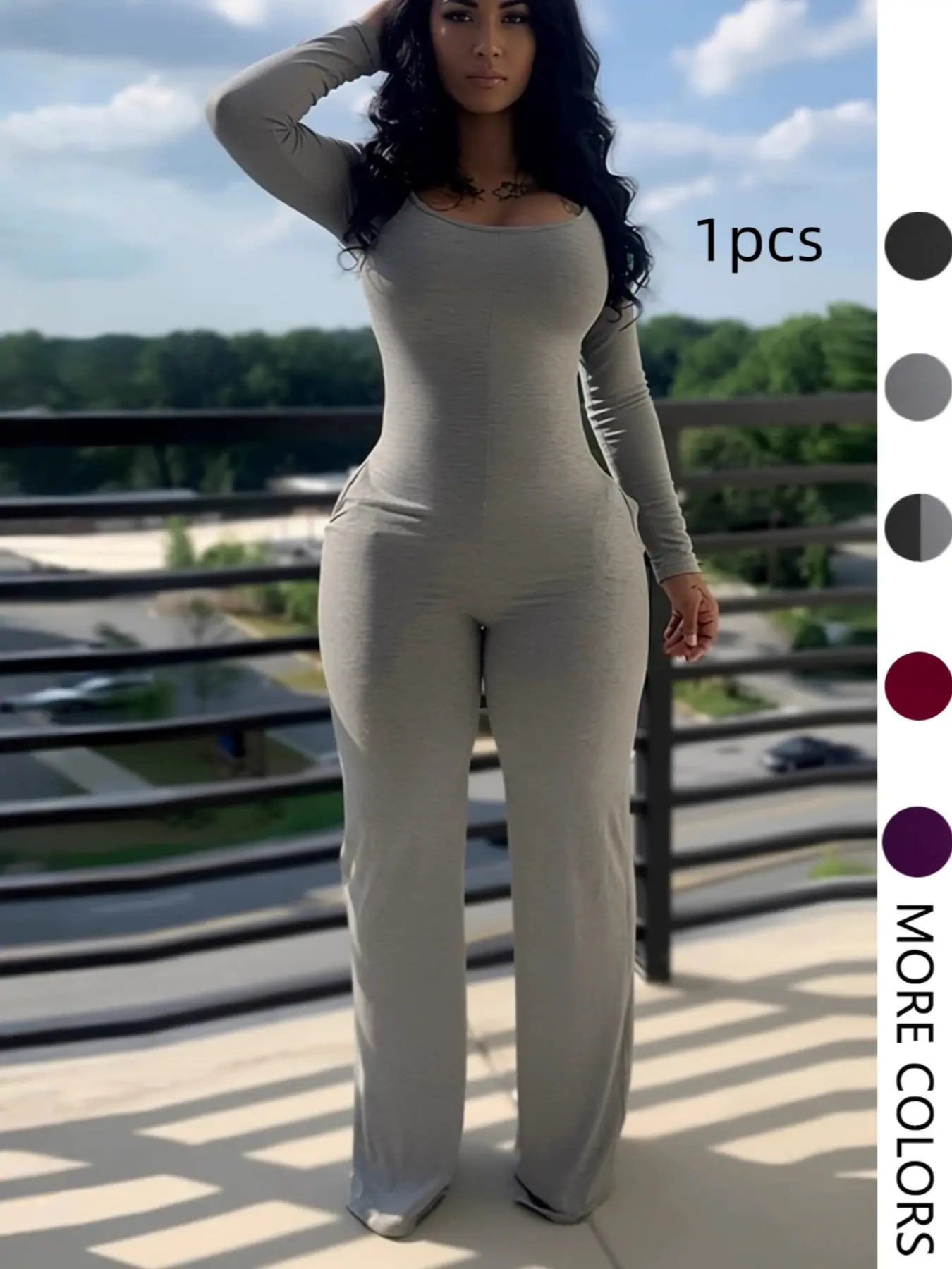 Women's Sexy Plain Basic Long Sleeve Fitted Jumpsuit, Casual Commuter Jumpsuit, Lady Fall & Winter Fashion, Low-Neck Design with Pockets, European Style, Casual Jumpsuits, Casual Wear, Womenswear