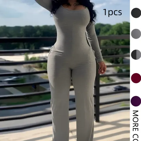 Women's Sexy Plain Long Sleeve Jumpsuit, Fall & Winter Chic Fashion, Low Neck Pocket Design, European Style, Casual Wear