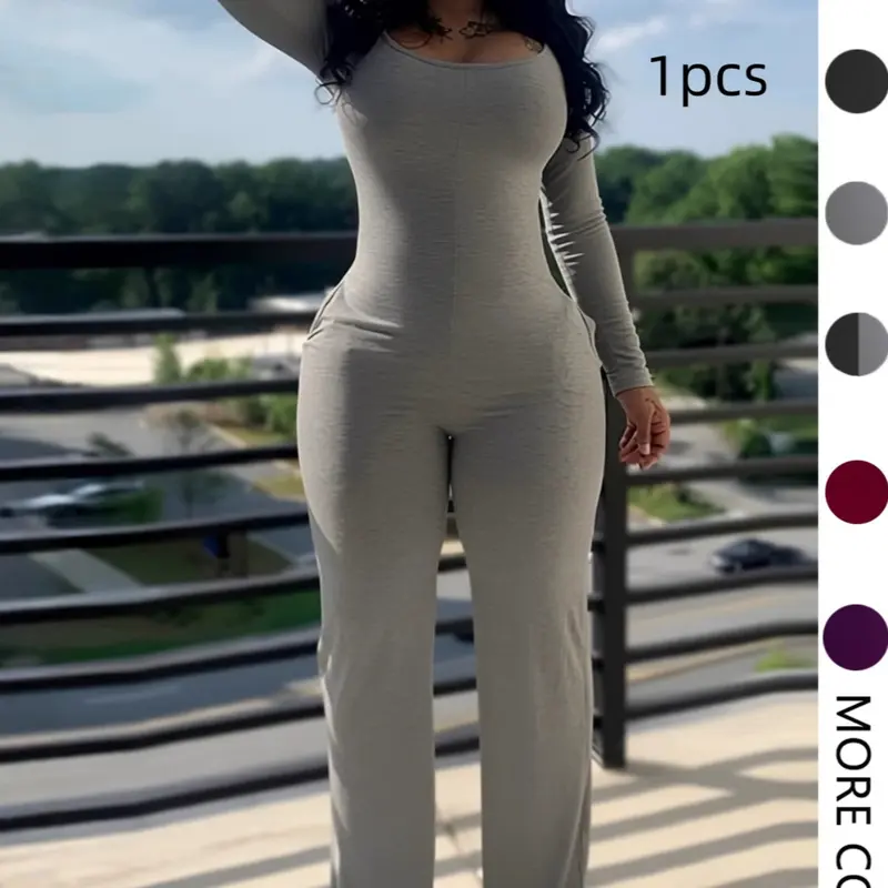 Women's Sexy Plain Long Sleeve Jumpsuit, Fall & Winter Chic Fashion, Low Neck Pocket Design, European Style, Casual Wear