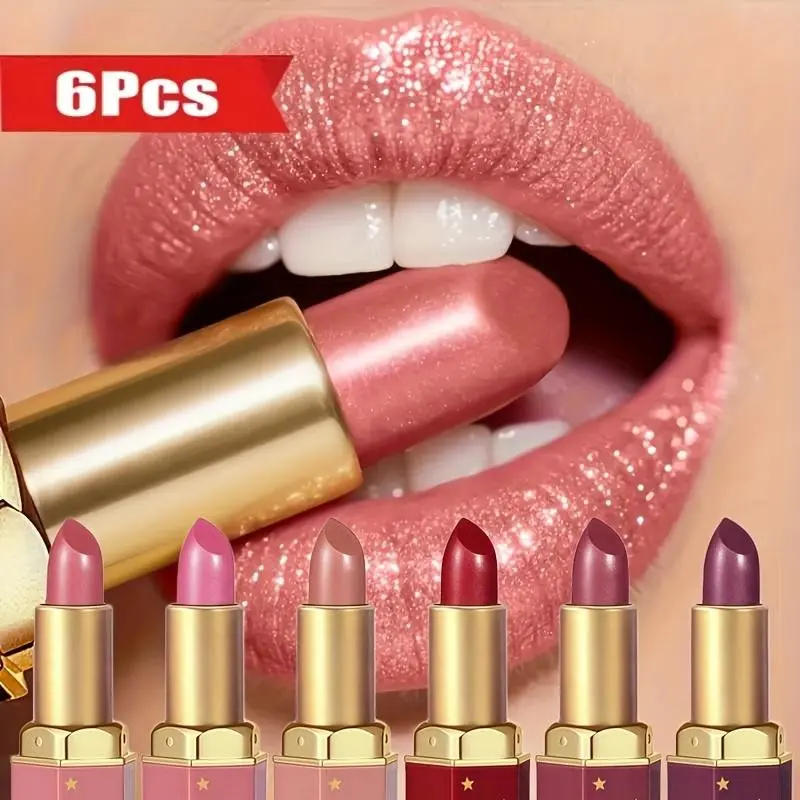 set of 6pcs Mermaid Sparkle Velvet Glam Metallic Lipstick - Metallic Finish, Luxurious Long Lasting, High Gloss Makeup, High Gloss Shine, Long-Lasting Shine & Glitter, Perfect Gift for Women - Available in Orange, Pink, Purple, Red
