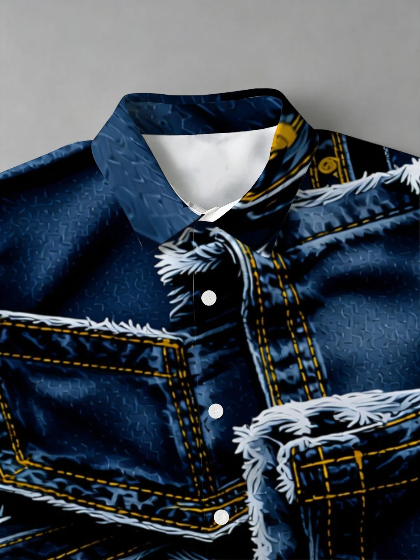 Men's Long Sleeve Casual Collared Shirt, Fashion Trendy Denim Pattern Print Design, Personalized Printed Casual Versatile Top, Casual Fabric Clothing
