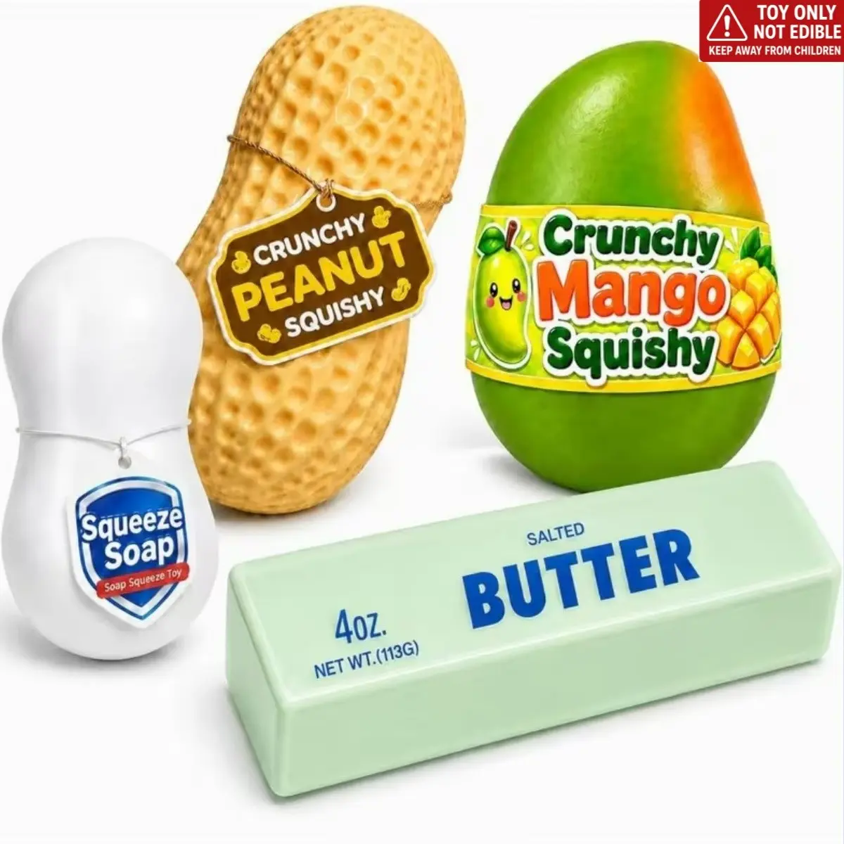 4 Pack Crunchy Squeeze Stress Ball, Mango Pudding Peanut & Soap Block Flake Filled ASMR Fidget, Moldable Sensory Squeeze Gift with Premium Box, Party Favors & Gifts
