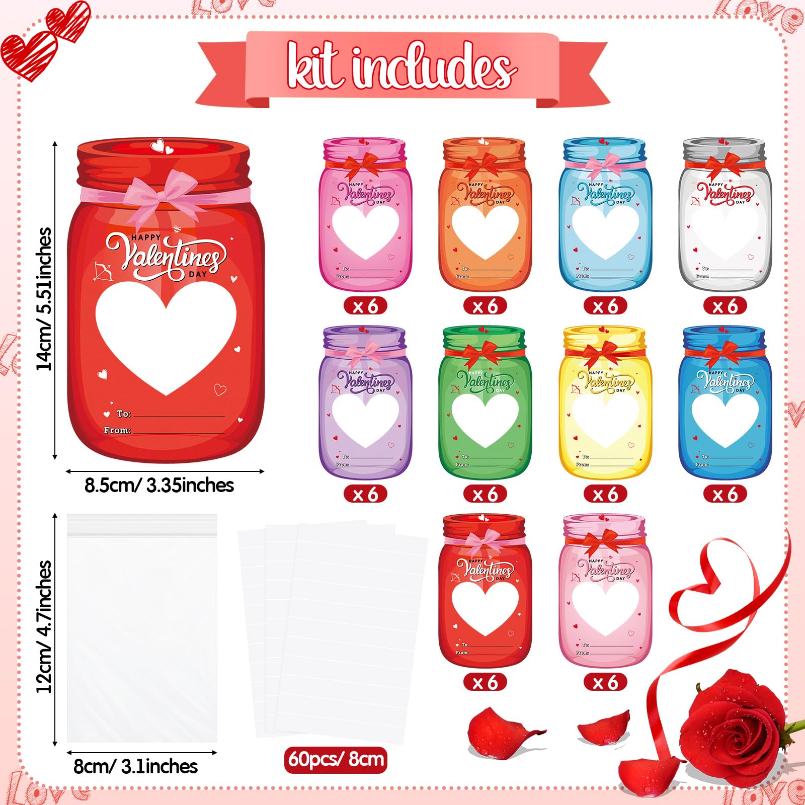 36/100 Pcs Valentine's Candy Cards Kids Gifts Set with Plastic Domes DIY Craft Treat Holder Bulk Class Valentines Candy Exchange Gifts for Couples Families School Party Classroom Gifts