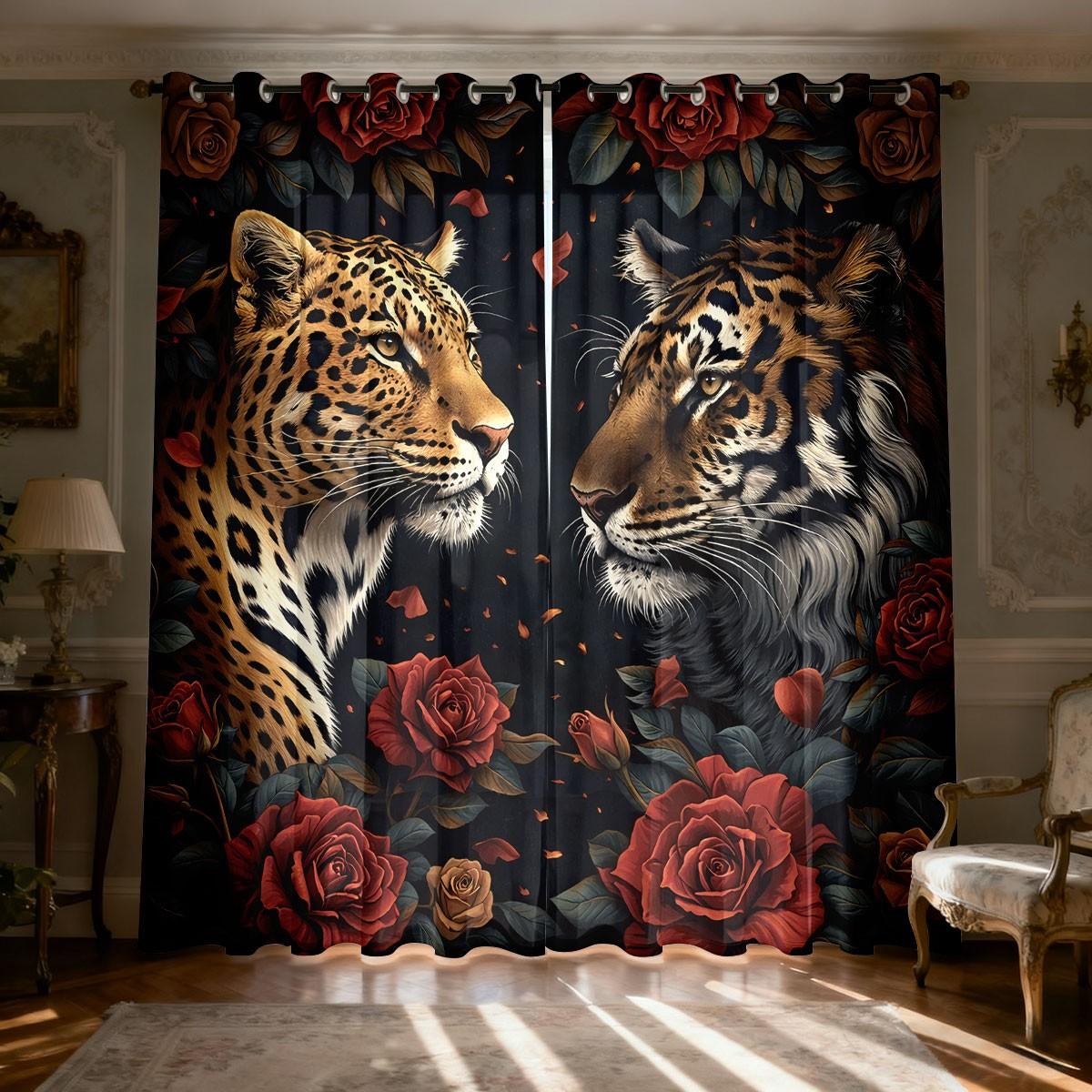 2-piece pack of wild retro style red rose golden leopard tiger print filter translucent curtains suitable for machine washable decorative curtains in living room, bedroom, kitchen, etc.