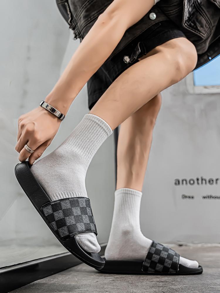 Men's Checkered Pattern EVA Slides, Casual Comfortable Non-slip Slippers, Open Toe Shoes for Indoor Outdoor Beach Shower