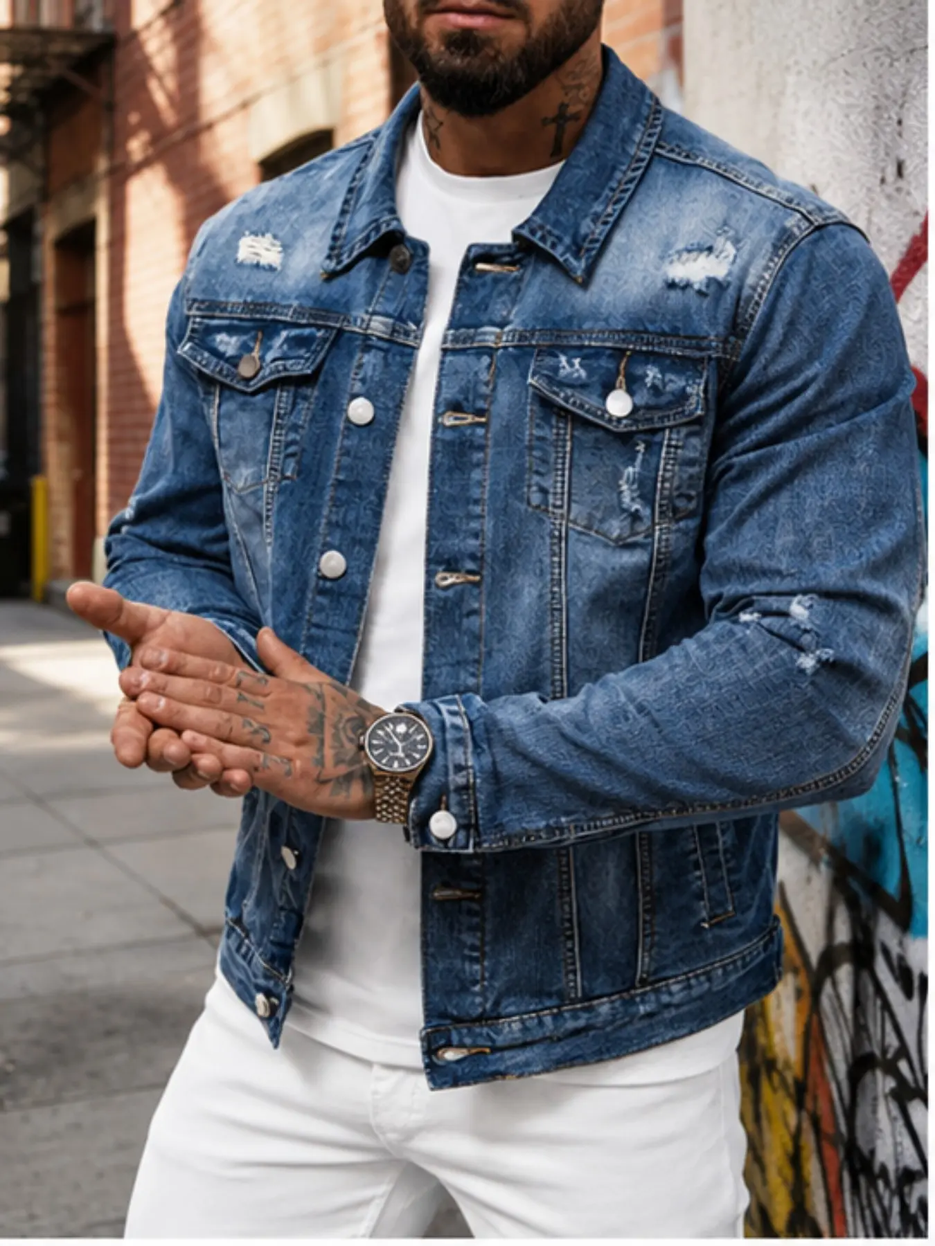 Men's American Vintage Washed Ripped Denim Jacket, Slim-Fit Short Lapel Denim Coat, Fall Street Fashion Top, All Seasons Casual Wear Outerwear