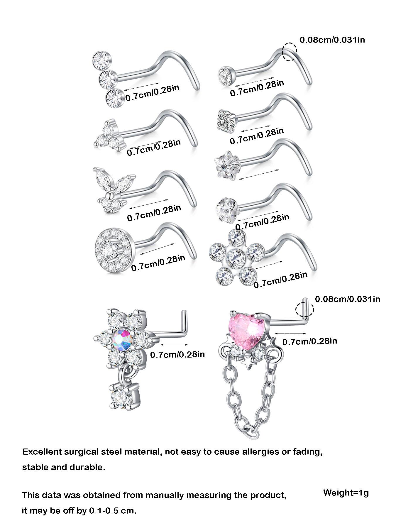Rhinestone Decorated L-shaped Nose Rings, Spiral Nose Ring, Heart & Cross & Butterfly & Flower Design Nose Studs, Body Piercing Charm Jewelry for Women & Men, Nose Ring Jewelry, Septum Jewelry, Nose Piercings Kit