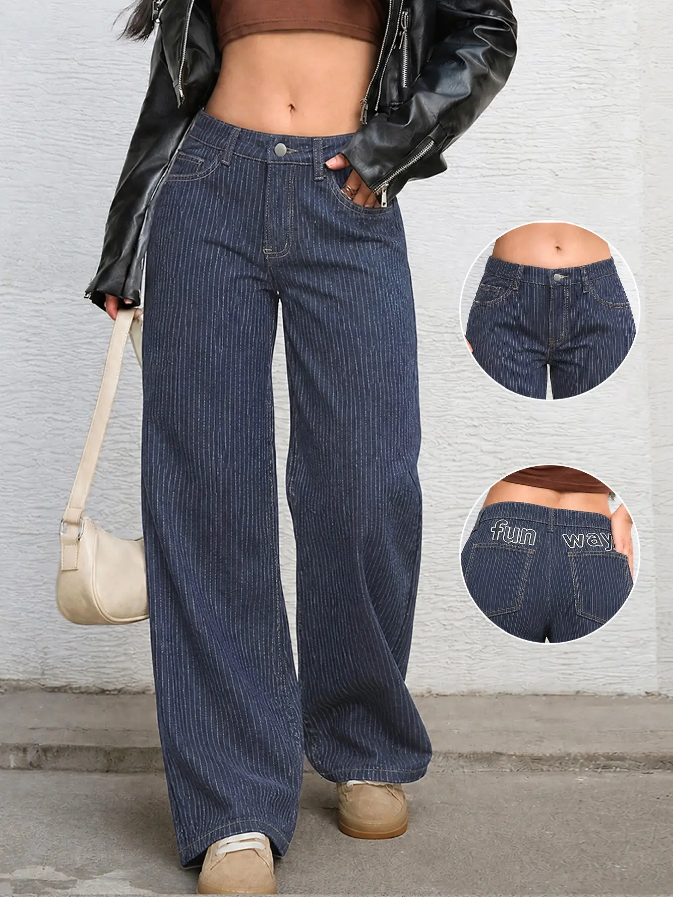 Women's Heavy Wash Striped Embroidered Wide Leg Jeans, Fashionable Plaid Patchwork Long Pants, Versatile All-Season Casual Wear