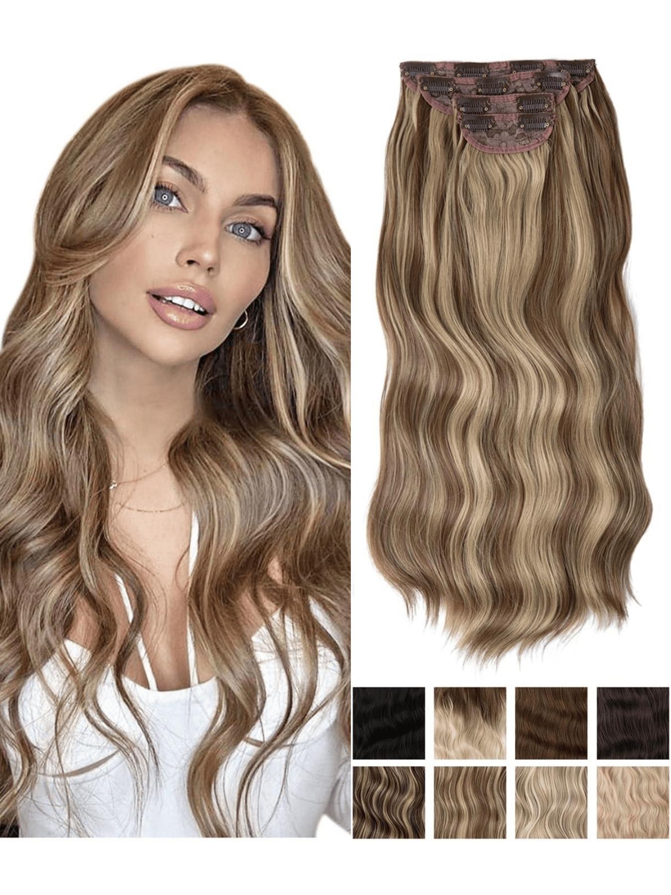 Clip-on hair extensions, long wavy curls, 4 pieces per pack, thickened hair extensions, synthetic highlighted extensions, chestnut gradient, double-layered fiber construction, natural color, 22 inches, Wavy Synthetic Hairpiece, Wavy Hairpieces Clip-on hair extensions, long wavy curls, 4 pieces per pack, thickened hair extensions, synthetic highlighted extensions, chestnut gradient, double-layered fiber construction, natural color, 22 inches, Wavy Synthetic Hairpiece, Wavy Hairpieces