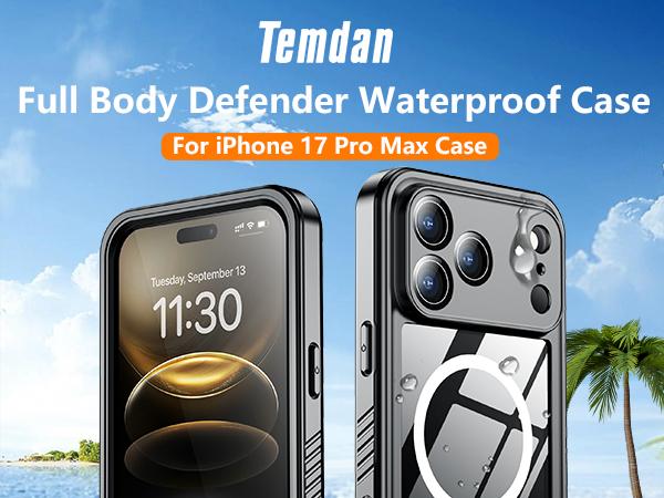 Temdan Magnetic for iPhone 17/16/15/14 Pro/Pro Max/Plus/Air Case Waterproof,Built-in Screen Protector[IP68 Underwater][Upgrade Military Dropproof][Compatible with MagSafe] Full Body Shockproof Translucent Case 6.3''/6.9''-Black/Orange