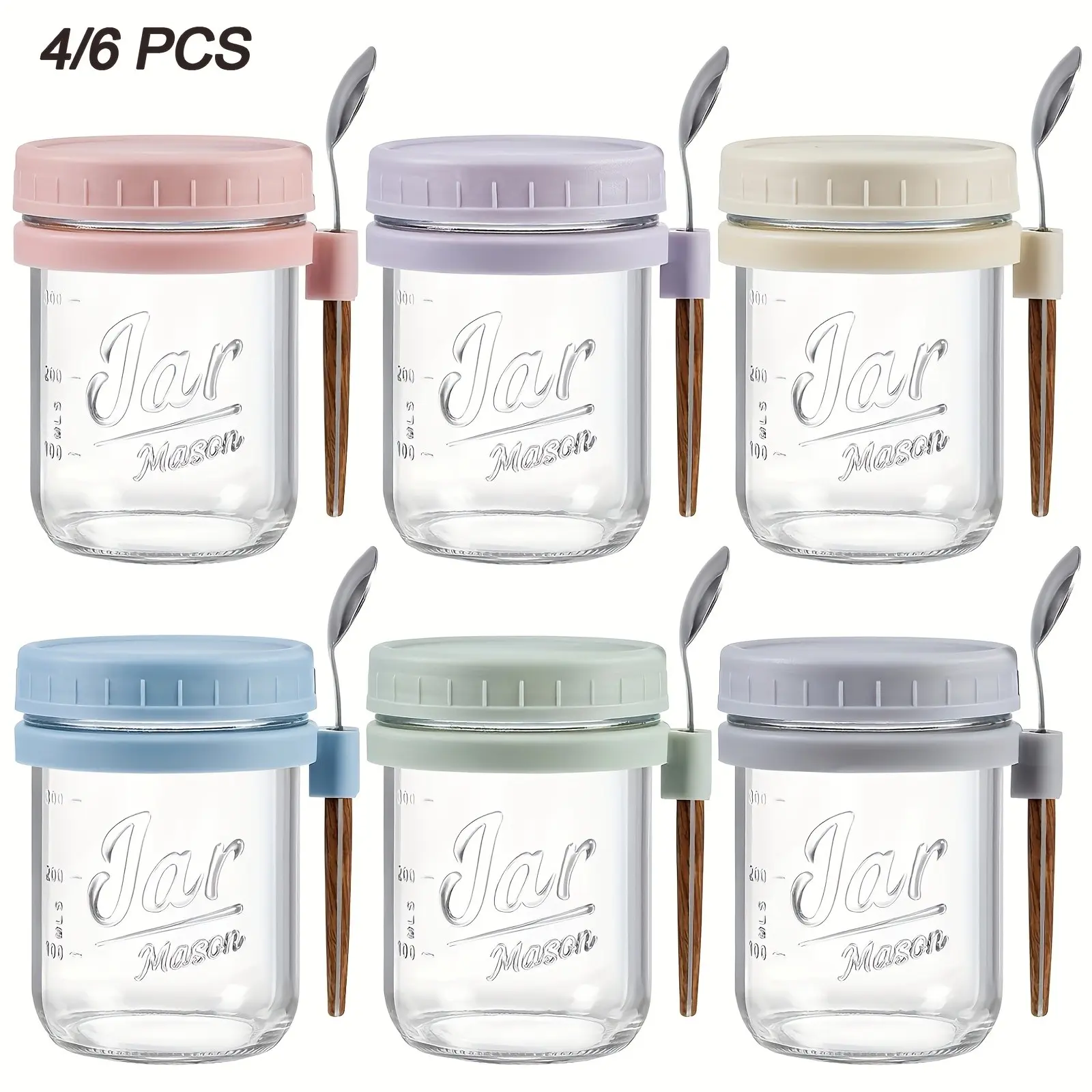 4/6 Pack 16oz Overnight Oatmeal Containers with Lid Spoon, Glass Mason Jar Style, Glass Food Storage, Large Capacity Sealed Jars for Milk Cereal Fruit