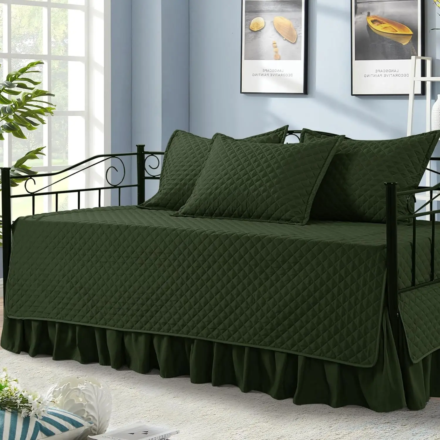 5 Piece Daybed Sets, Quilted Daybed Bedding Set, Twin Size All Season Cozy Daybed Covers Set with Bedskirt and Shams, 75"x39", Olive Green