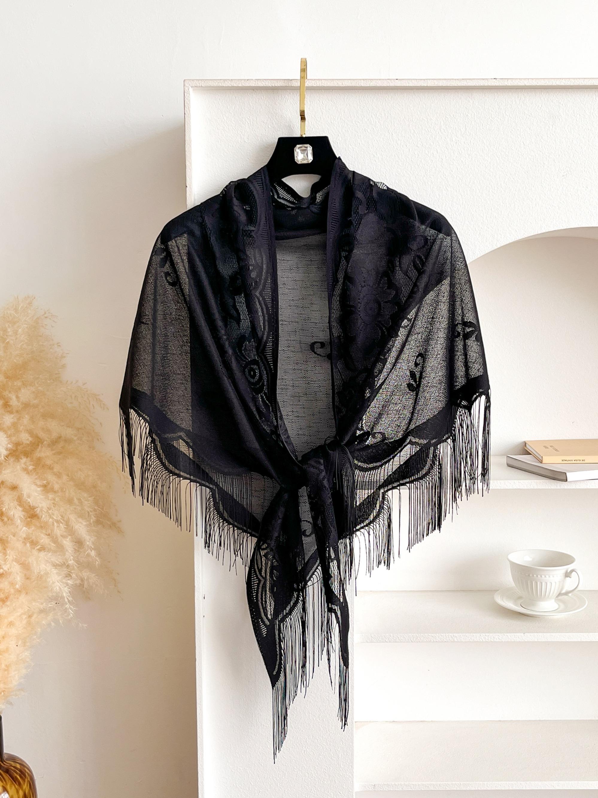 Women's Floral Lace Shawl Wrap, Elegant Sheer Scarf with Fringe Trim, Lightweight Casual Soft Accessory for Daily Wear, Casual Soft Shawl, Floral Print Shawl