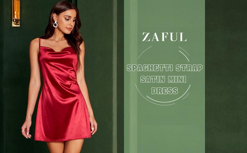 ZAFUL Women's Satin Sleeveless Spaghetti Strap Mini Dress Sexy Slip Cowl Neck Silky Cocktail Party Dresses