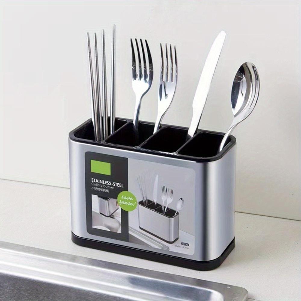 Kitchen Stainless Steel Utensil Holder - 1 Divided Bins Caddy with 4 Compartments, Sturdy Rust-Proof Home Organizer Storage Solution