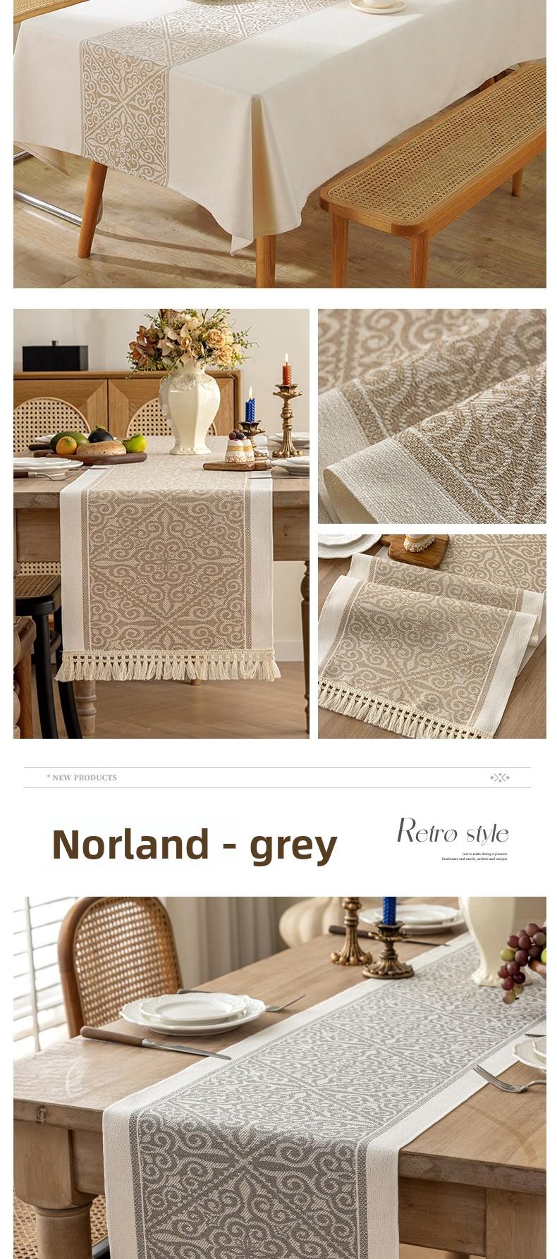 Nordic Style Waterproof Cotton Linen Table Runner, Jacquard Pattern with Tassel Trim, Dining Table Decor