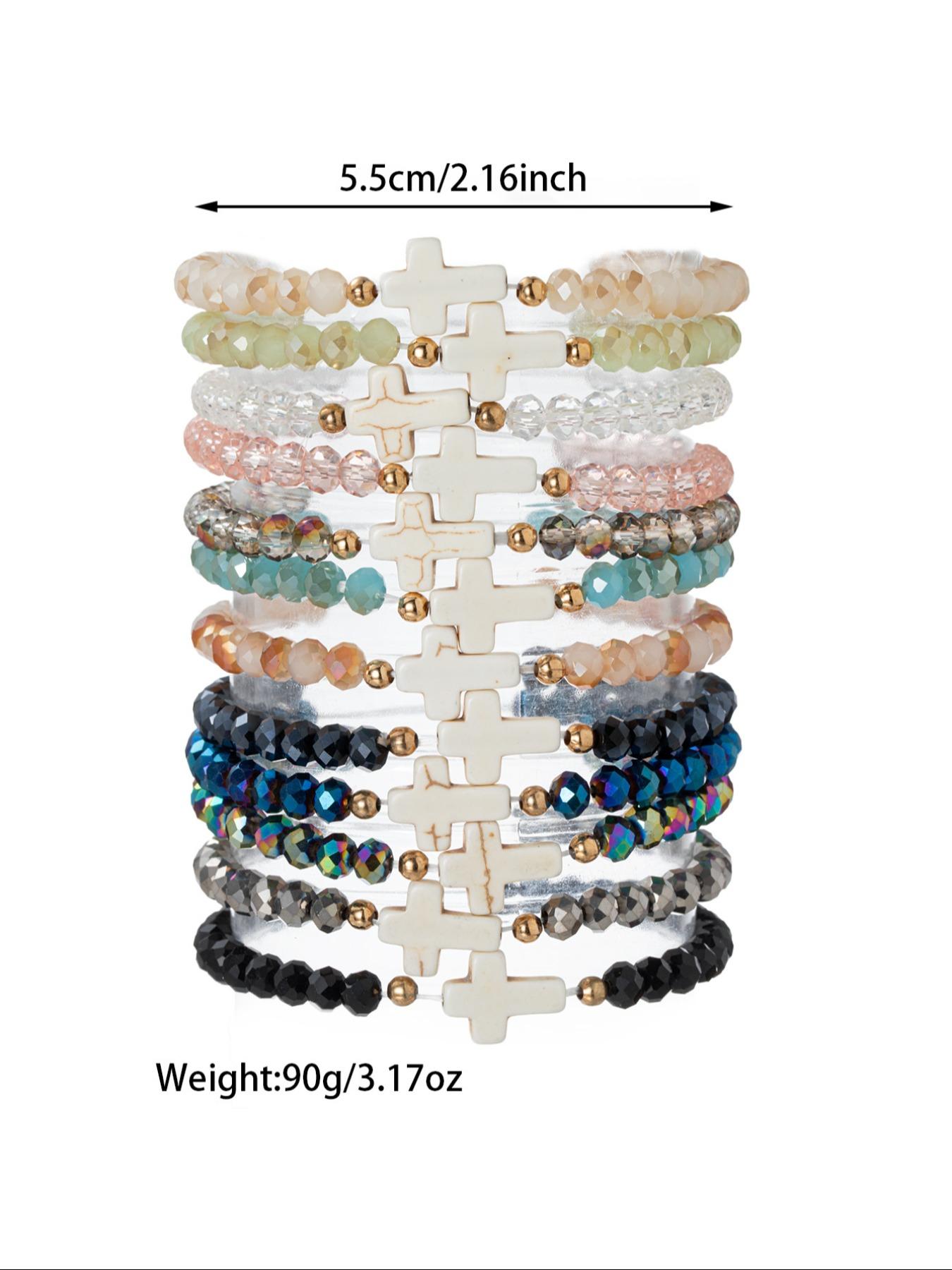 12 Piece Fashion Vintage Colorful Artificial Crystal and Turquoise Beaded Cross Pendant Multi-Layer Stackable Bracelet Set, Unisex Bracelets, Stacking Bracelet, Dainty Crystal Bracelet, Stacked Design Bracelets