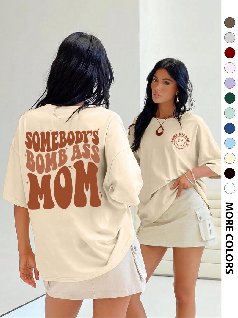 Women's Letter & Cartoon Face Print Drop Shoulder Tee, Casual Half Sleeve Round Neck T-Shirt for Daily Wear, Ladies Clothes for All Seasons