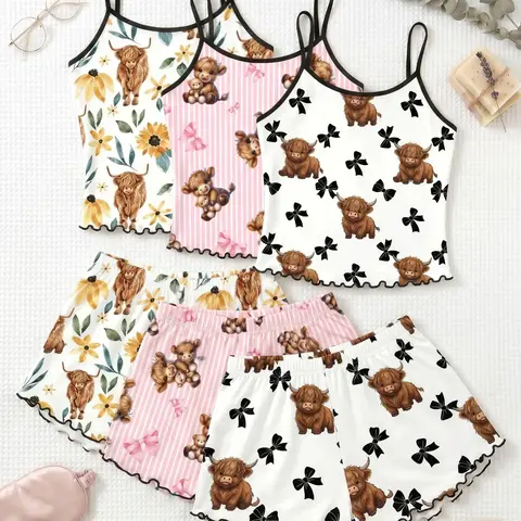 3 Pcs Highland Cow Print Spaghetti Strap Tank Top Shorts Pajama Set, Trim Ruffle Design, Sweet Cool Girl Aesthetic Style, Breathable Home Sleepwear