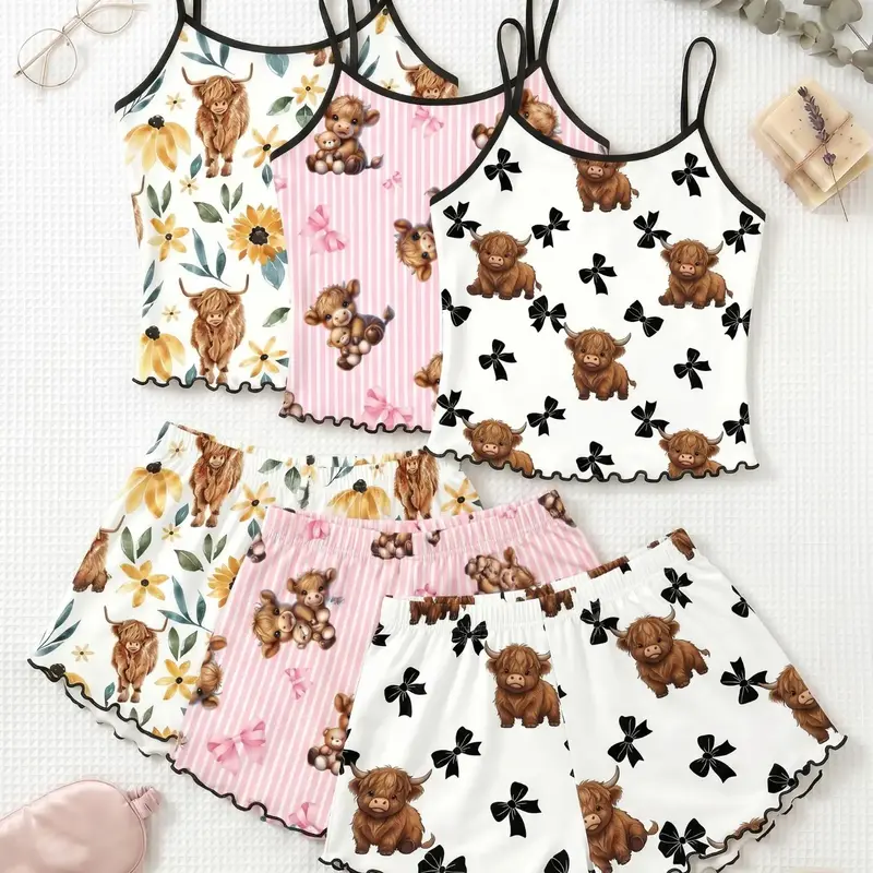 3 Pcs Highland Cow Print Spaghetti Strap Tank Top Shorts Pajama Set, Trim Ruffle Design, Sweet Cool Girl Aesthetic Style, Breathable Home Sleepwear