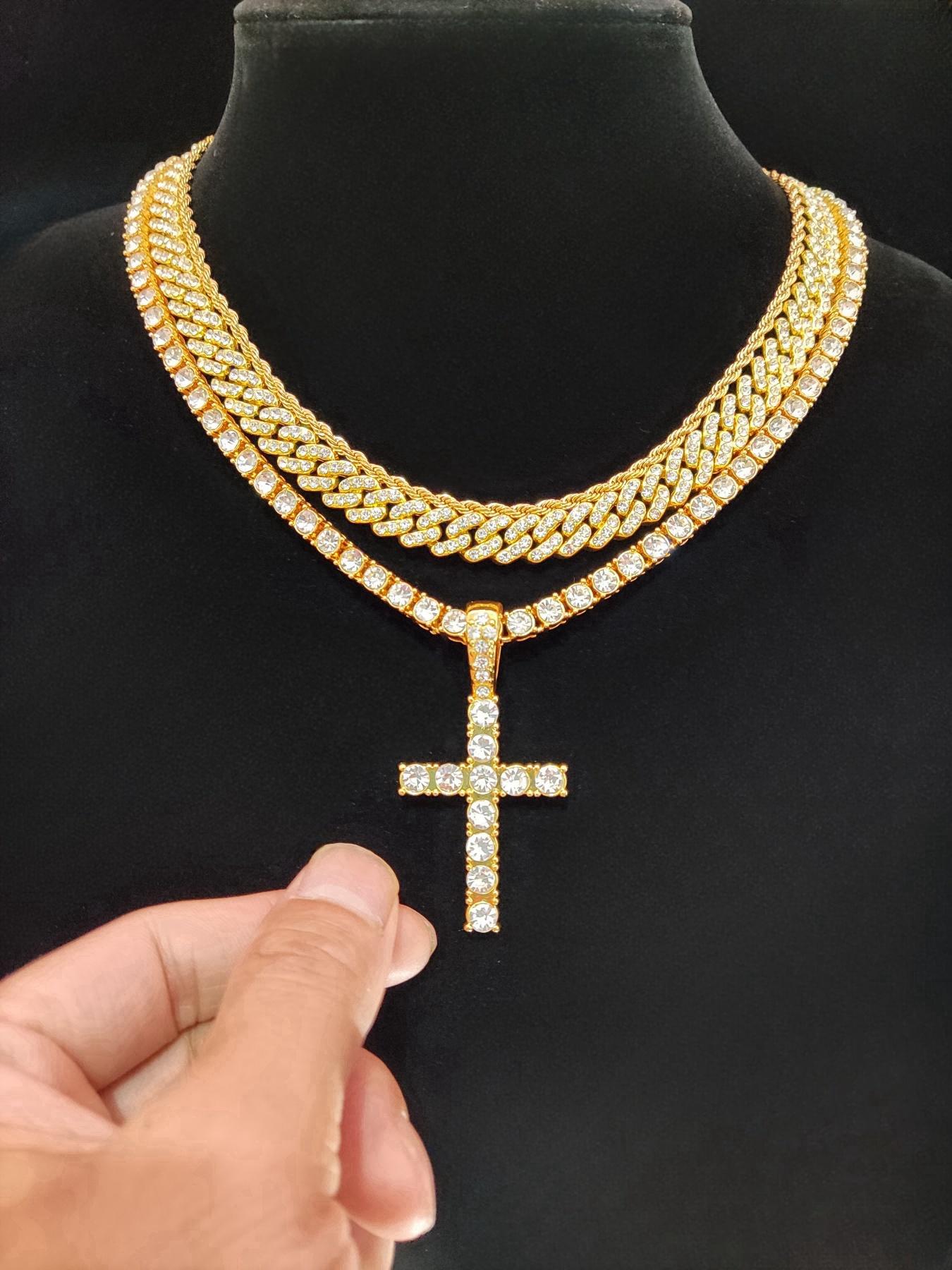 Summer Rhinestone Decor Cuban Link Chain Necklace & Cross Charm Necklace for Men & Women, Punk Style Exquisite Trendy Hip Hop Iced Out Jewelry As Gift