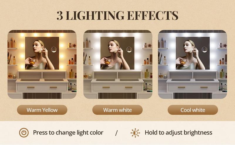 Sikaic Glass Top Makeup Vanity With Lights Power Strip & 10x Magnifying Mirror And Compartment Storage Drawers & Shelves