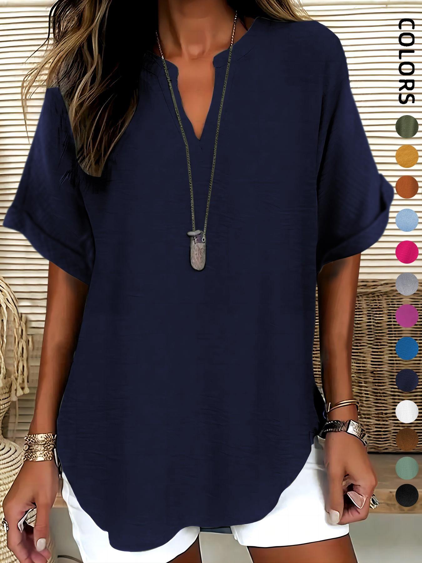 Women's Simple Vintage Solid V-Neck Short Sleeve Shirt Blouses, Casual Loose-Fitting Pullover, 100% Polyester, All Seasons Fashion Top