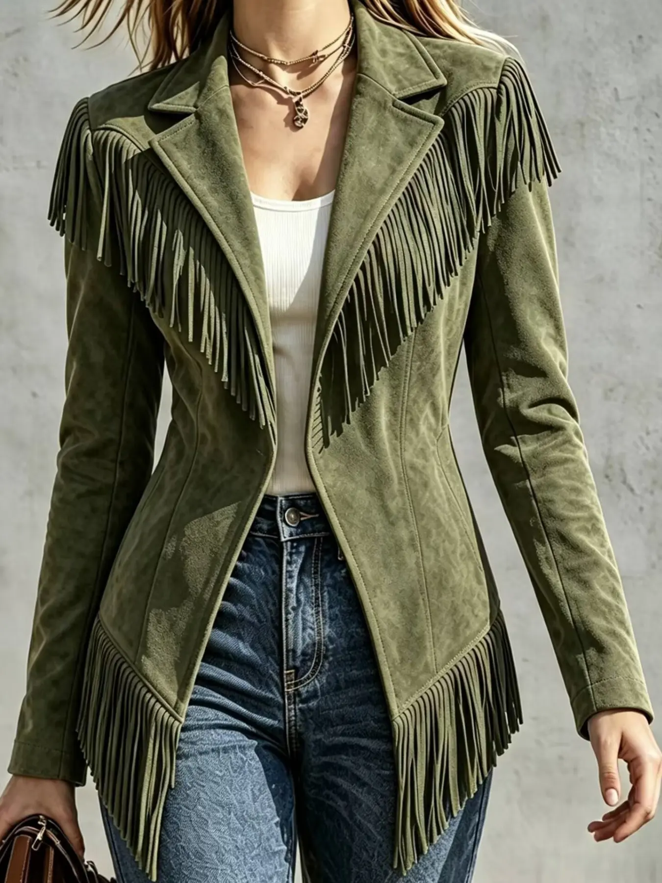Women's Western Style Fringe Jacket, Fitted Lapel Long Sleeve Outerwear, Medium-Length Casual Fashion Coat for Fall & Winter