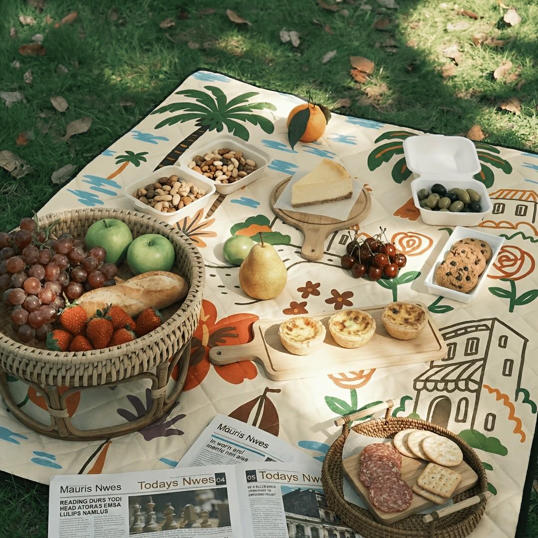 Extra Large 78x78 Inch Foldable Picnic Blanket, Soft Thick Layered Design, Floral Fruit Print, PU Coated Oxford Fabric, Hand Wash Only