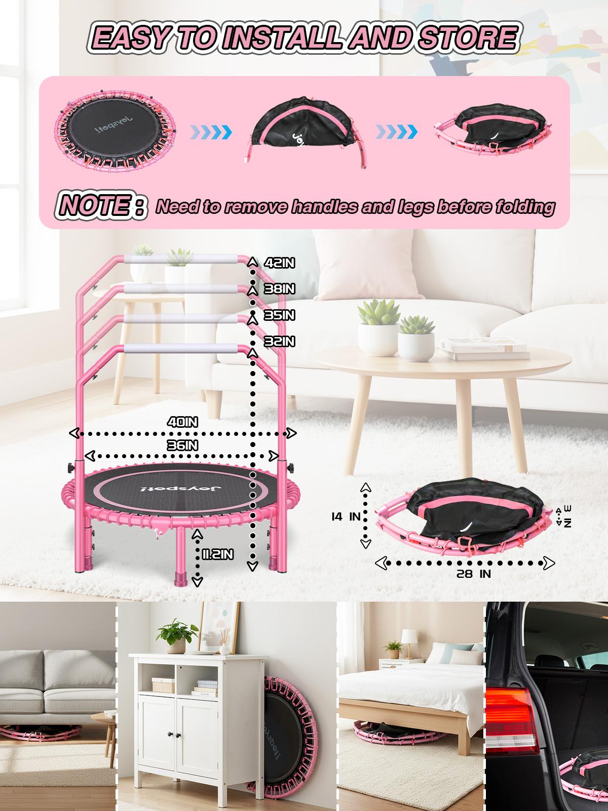 JOY SPOT! 450 LBS Foldable Trampoline 40" Fitness Trampoline with Bungees Adjustable Foam Handle/T Handle No Rope Training Jump Rope Home Gym Workout Stable Quiet Exercise Rebounder for Adults