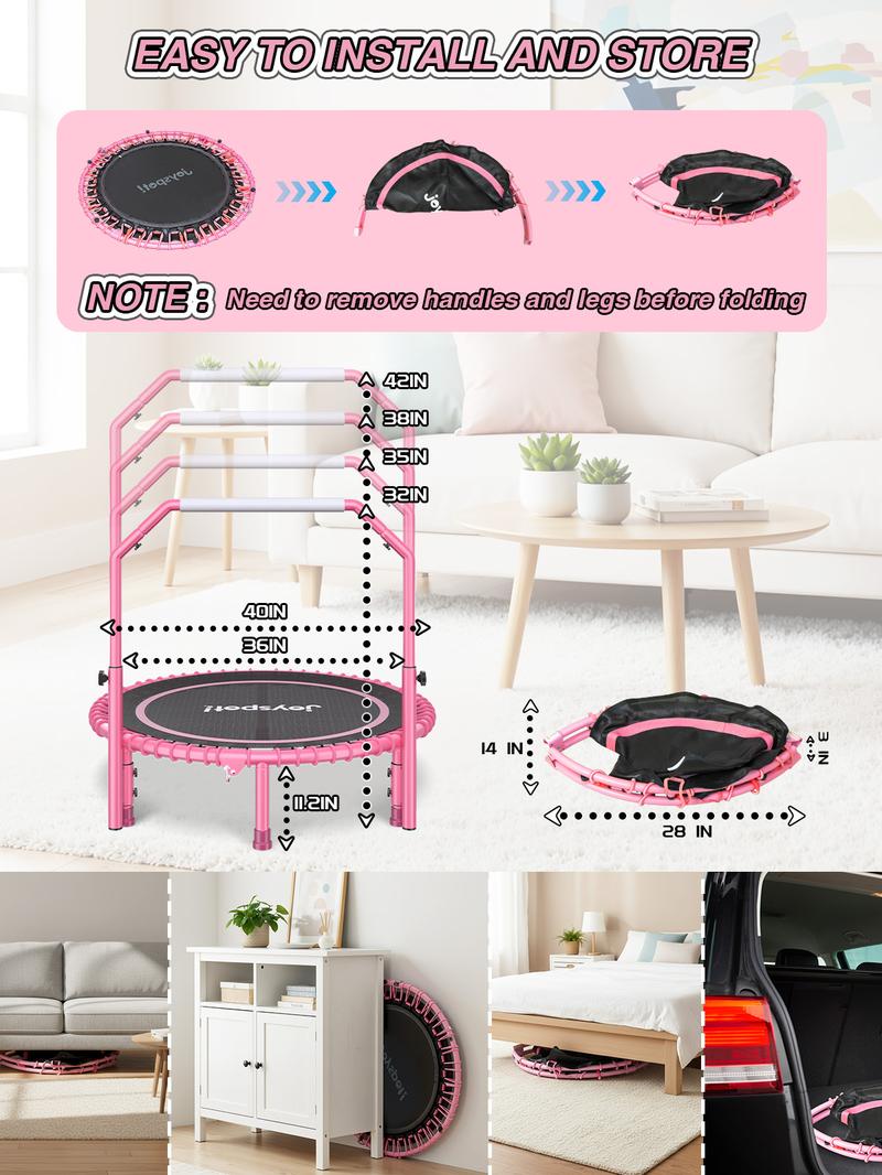 JOY SPOT! 450 LBS Foldable Trampoline 40" Fitness Trampoline with Bungees Adjustable Foam Handle/T Handle No Rope Training Jump Rope Home Gym Workout Stable Quiet Exercise Rebounder for Adults, Valentine's gift