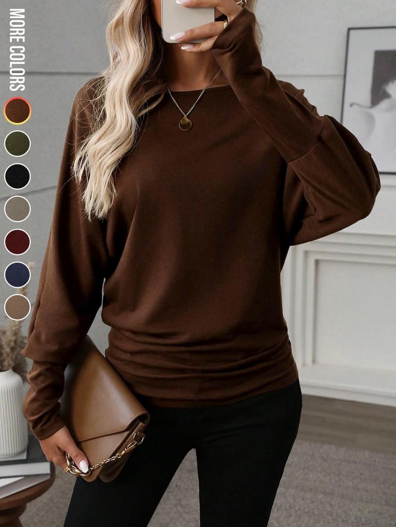 Women's Batwing Sleeve Solid Color T-Shirt, Stretchy Long Sleeve Top, Casual Fashionable Top, Warm Base Layer, Perfect for Everyday Wear & Parties